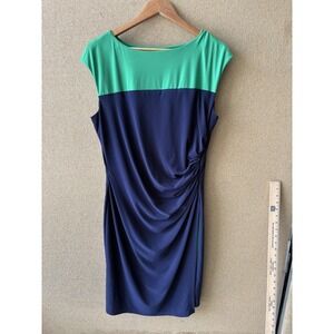 Chaps Dress Womens XL Blue Green Colorblock Ruched Sheath Cap Sleeve Knee Length